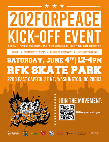 202forPeace Kick-off Event, Saturday June 4, 12-4 pm, RFK Skate Park